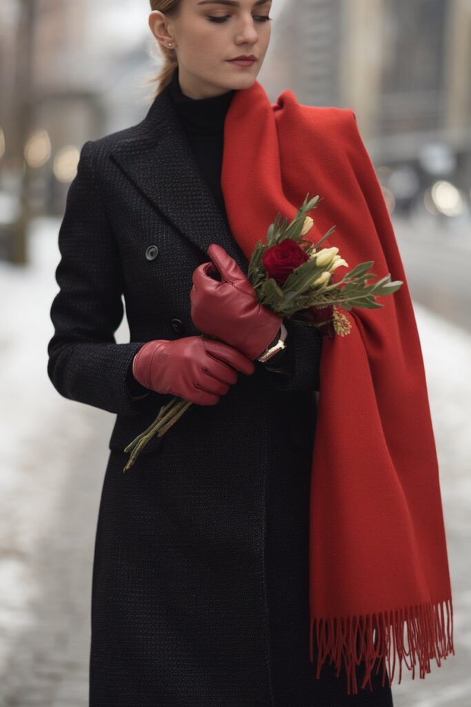 Red Scarf and Black Coat for a Timeless Winter Look