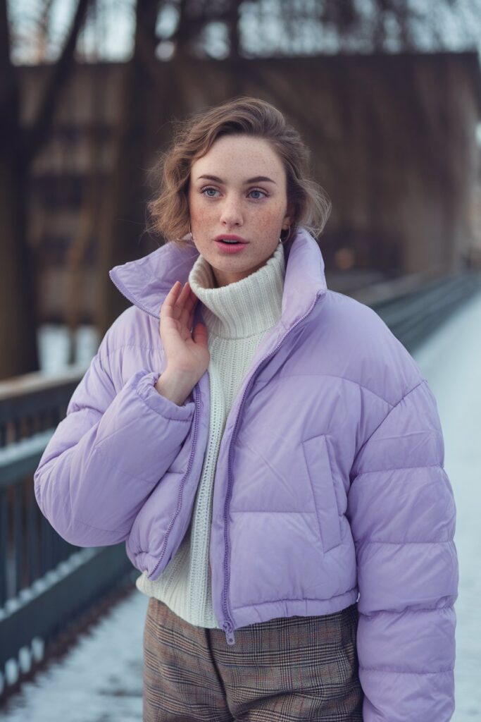 Lavender Puffer Jacket With Plaid Trousers