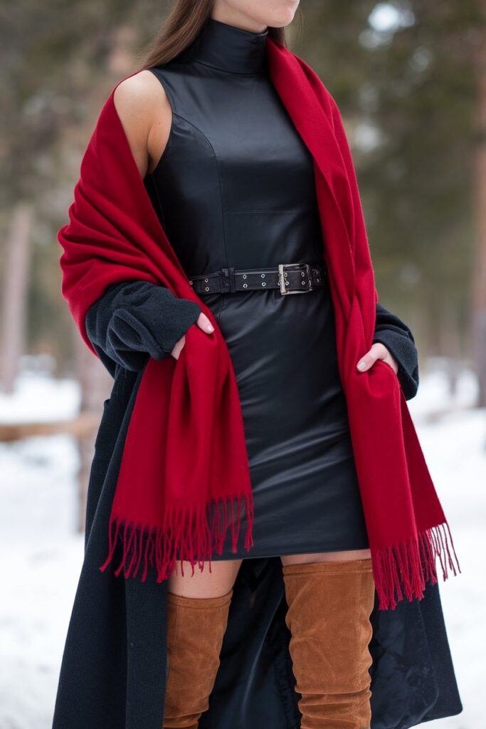 Red Scarf and Leather Dress for a Bold Winter Statement