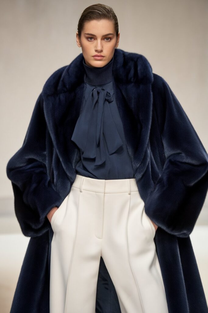 Refined Winter Look With a Navy Fur Coat