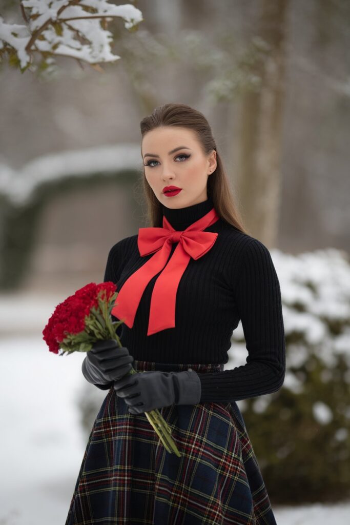 Red Scarf and Plaid Skirt for a Festive Winter Look