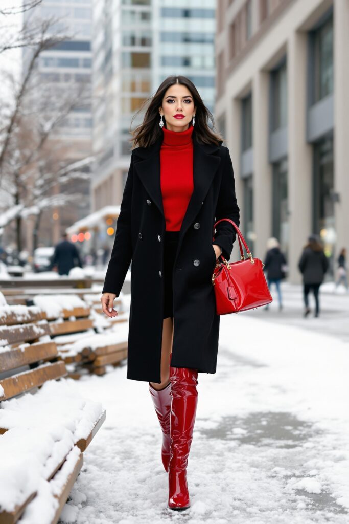 Sophisticated Winter Look with a Red Handbag